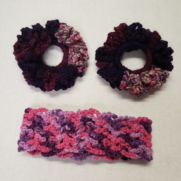 Woman's Handmade Crochet 2 Scrunchies and Flower Headband Purple Multicolor - Picture 4 of 11